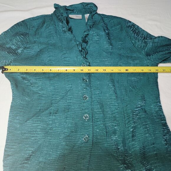 Drapers & Damons Top Women PM Petite Green Blouse Ruffled Buttons Crinkle - Picture 8 of 9